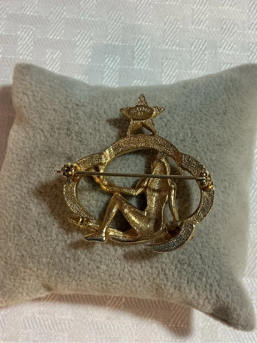 St. Labre Gold Tone Zodiac Brooch with Astrology Goddess Star